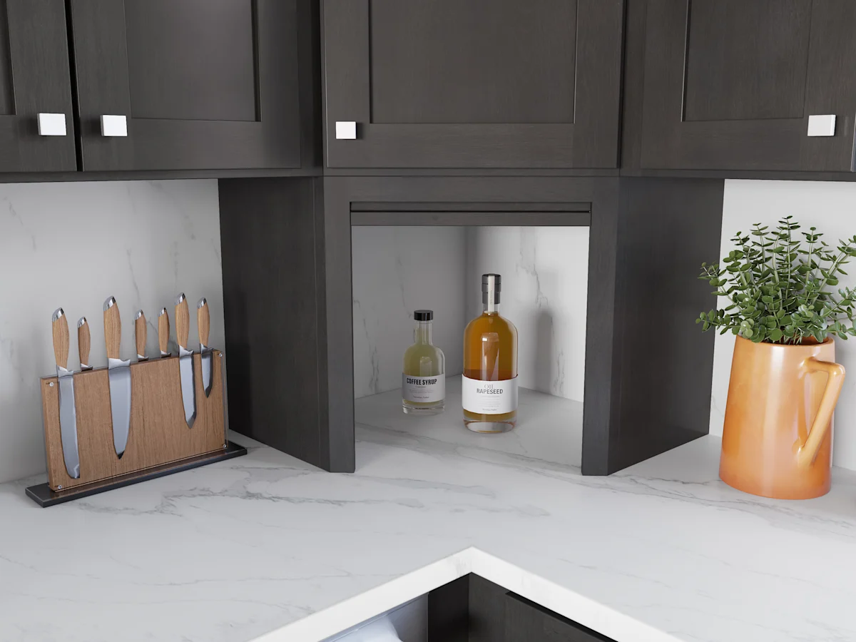 Fabuwood corner appliance garage concealing small appliances