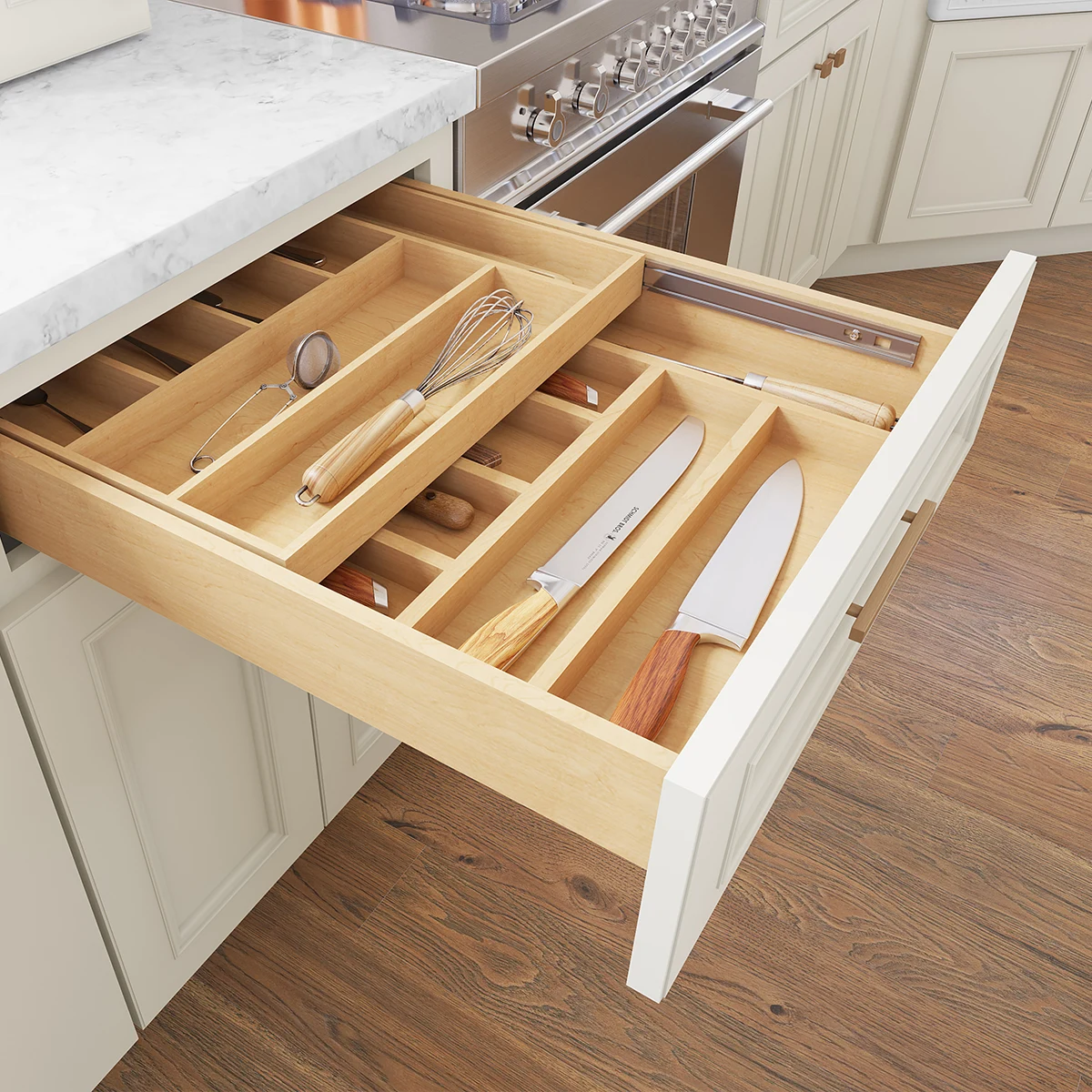 Fabuwood two-tier maple cutlery drawer with movable upper tray