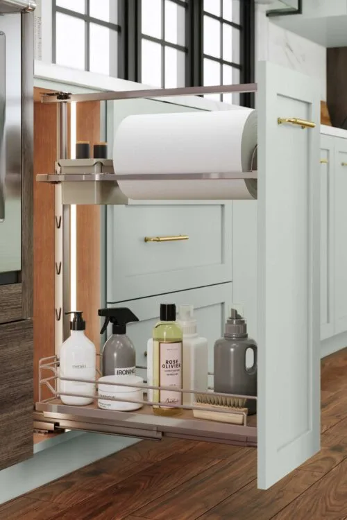 Fabuwood Dispensa pullout with paper-towel holder and lower shelf
