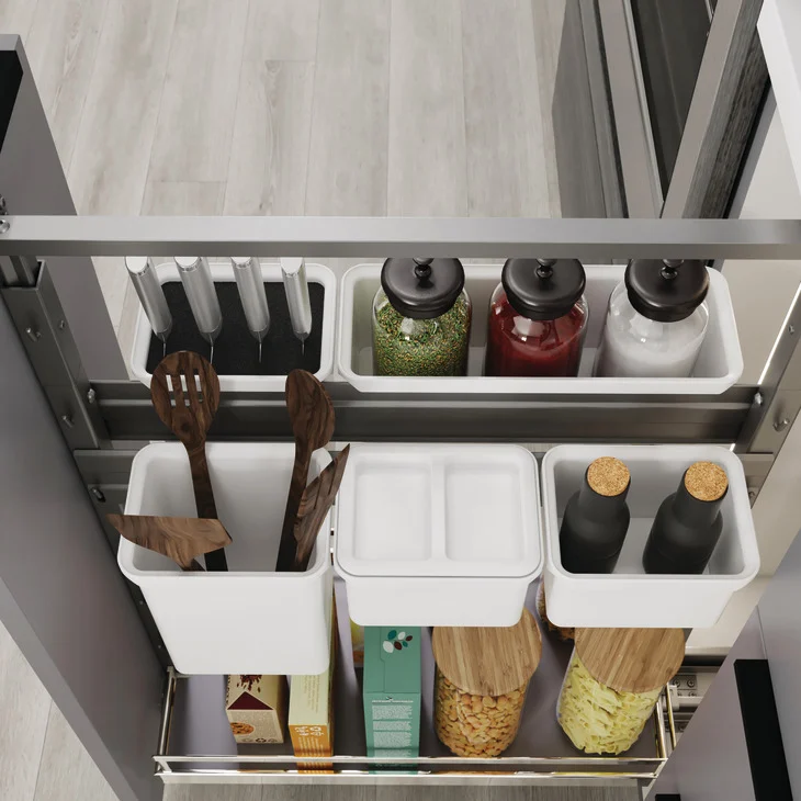 Fabuwood Dispensa utility pullout with deep boxes and knife block