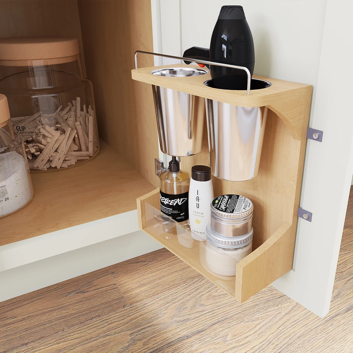 Fabuwood door-mounted vanity rack for hair-styling tools