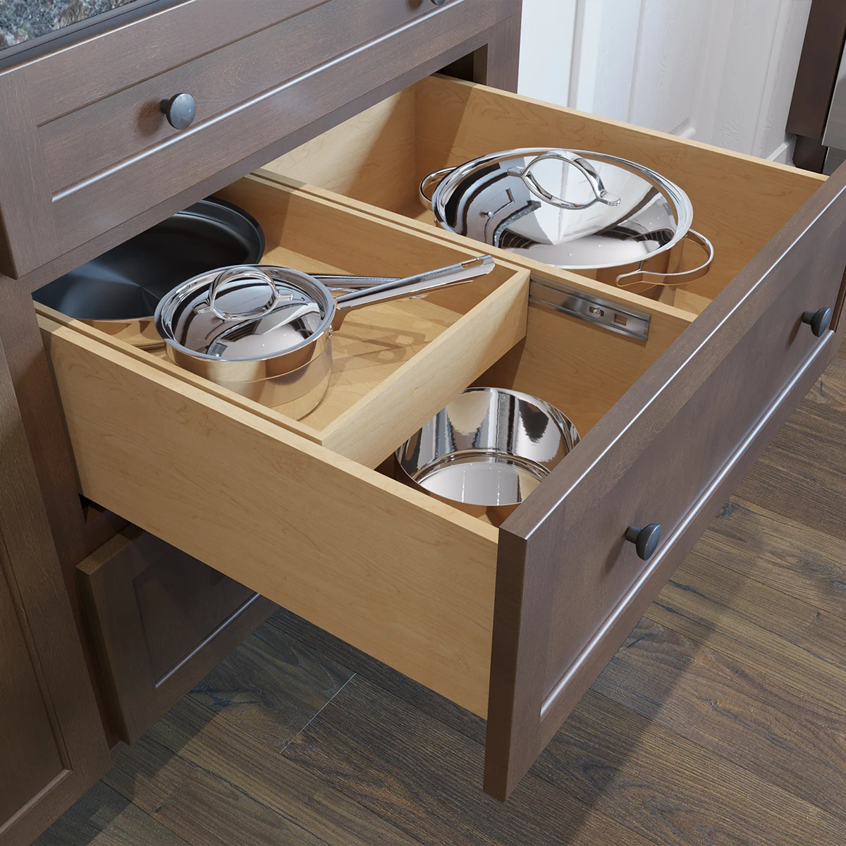 Fabuwood maple charging drawer with concealed power outlets
