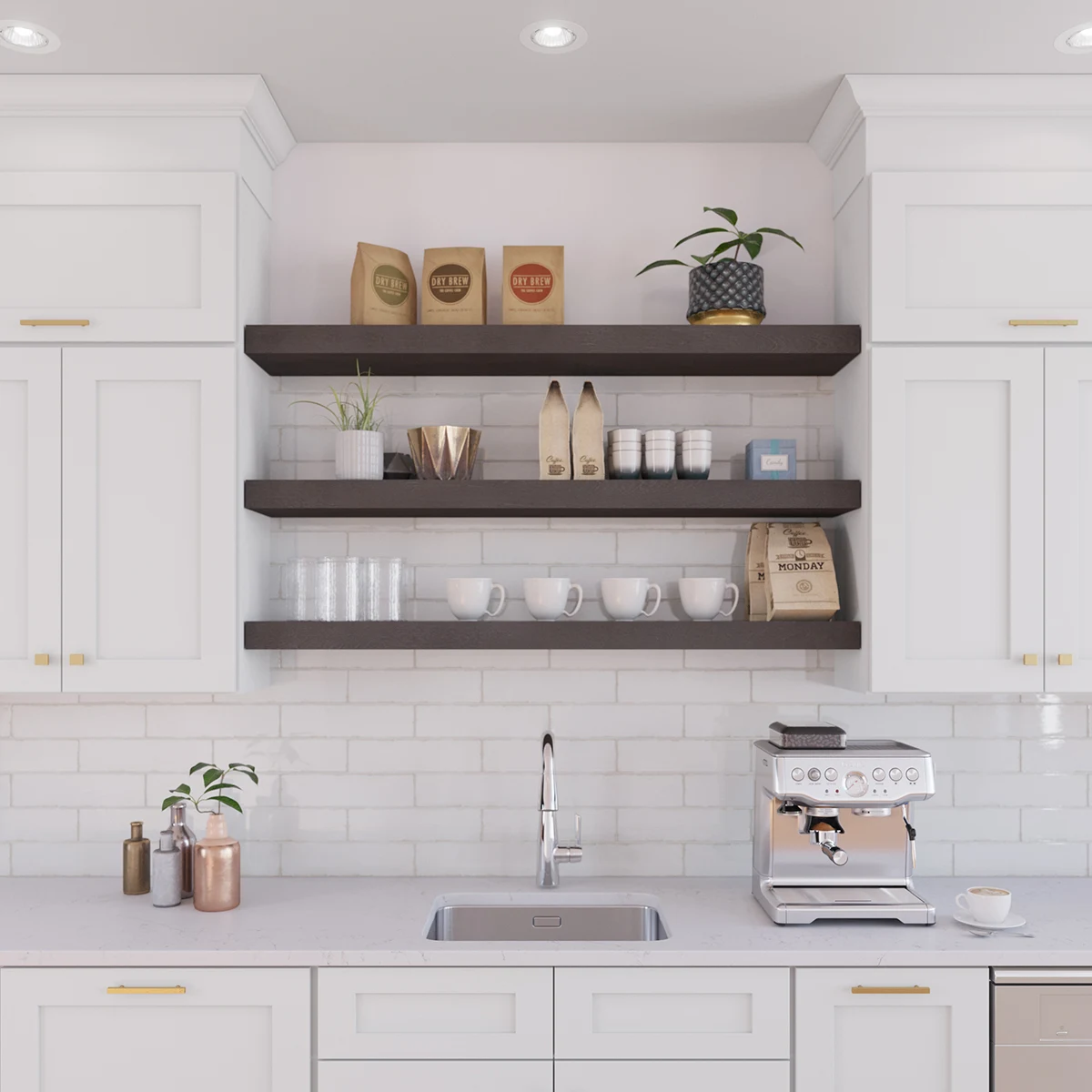 Fabuwood floating wood shelf displaying kitchen objects