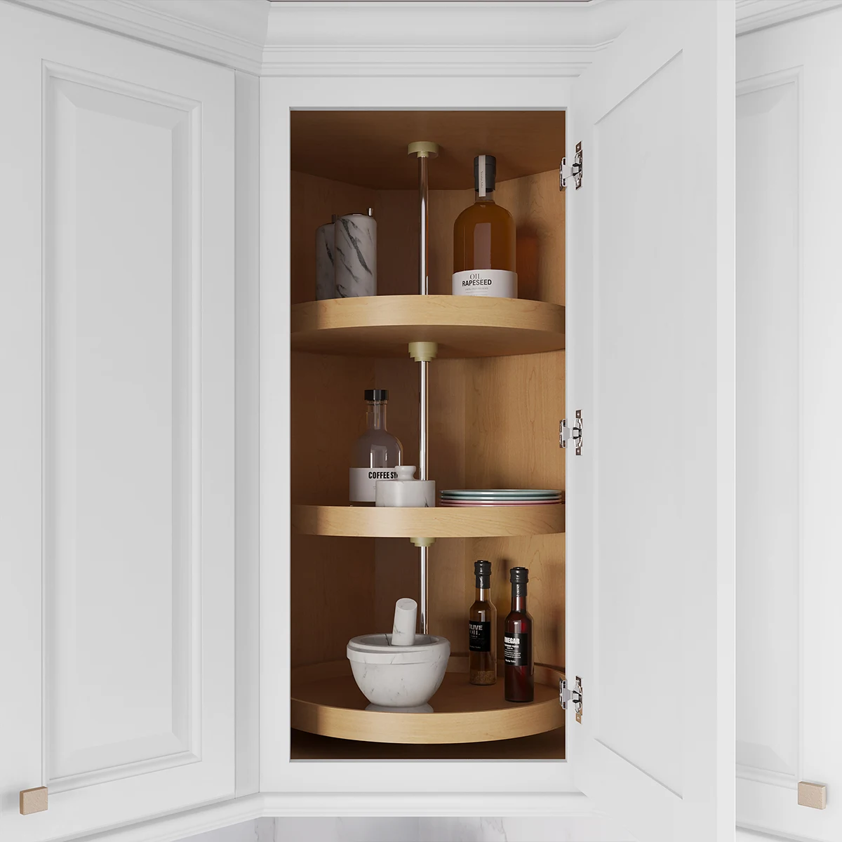 Fabuwood corner Lazy Susan with rotating wood trays