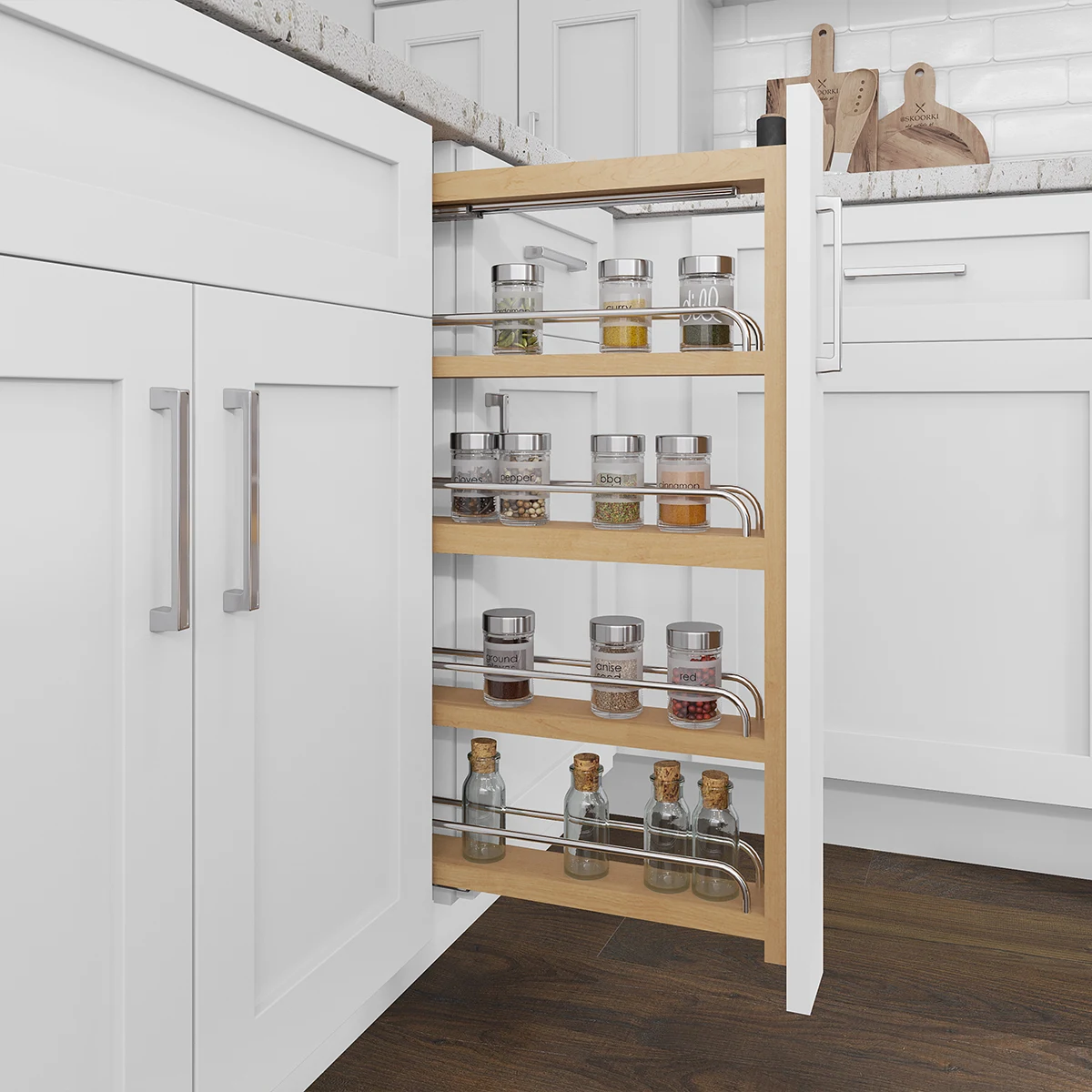 Fabuwood narrow spice pullouts with adjustable maple shelves