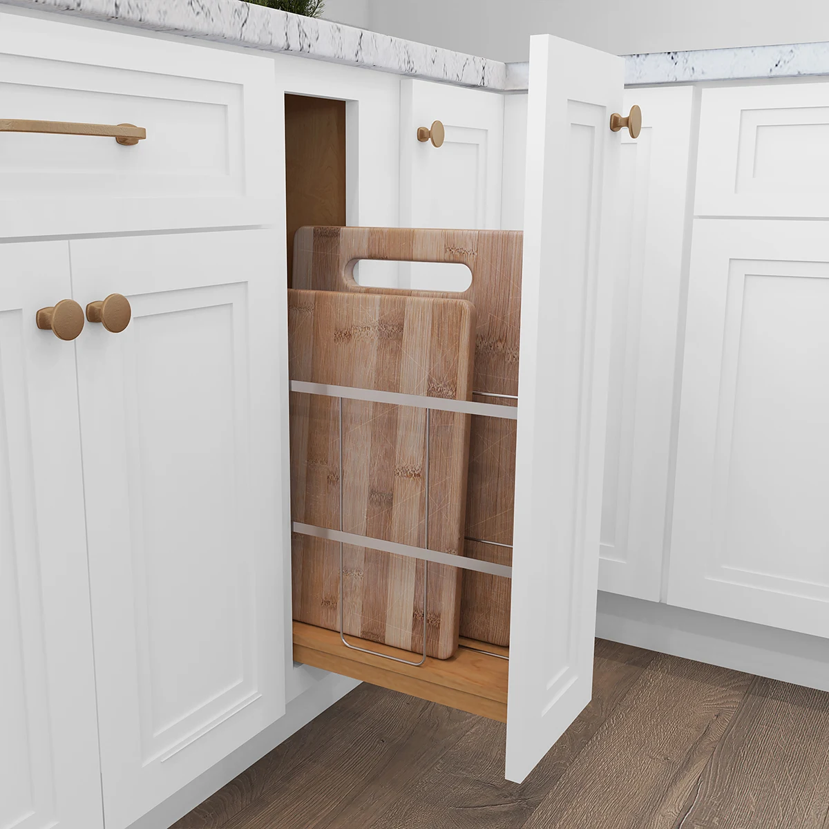 Fabuwood two-tier chrome utensil pullout with stainless bins