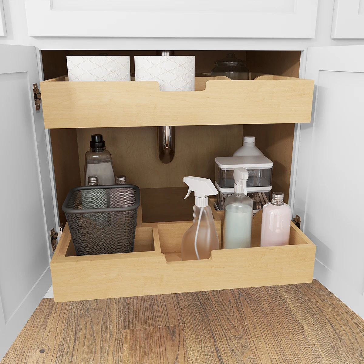 Fabuwood dovetailed maple rollout drawers in a base cabinet
