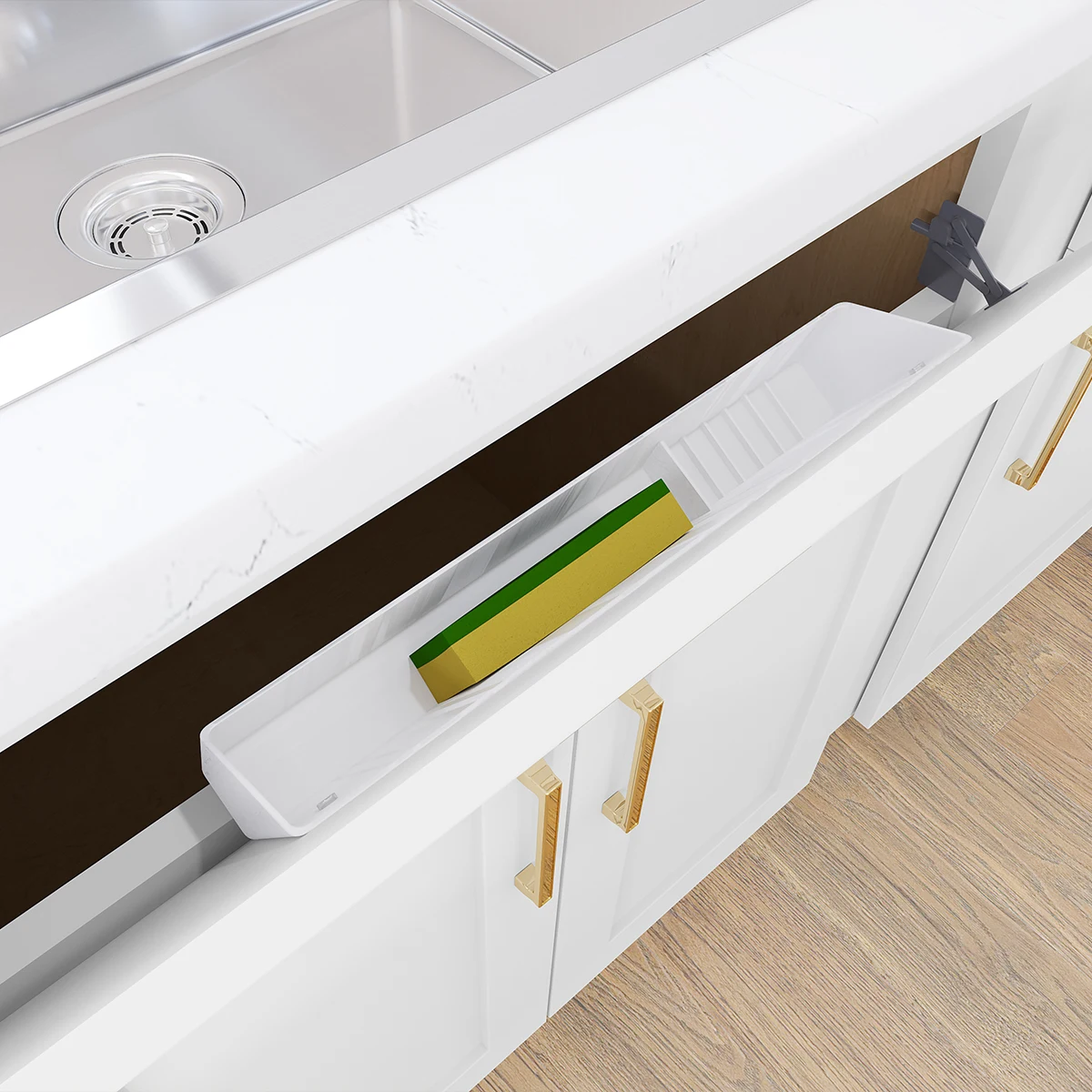 Fabuwood sink-front tilt-out tray for sponges and cleaning pads