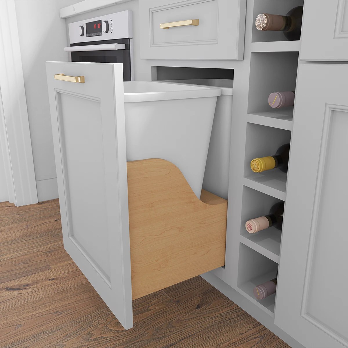 Fabuwood maple trash-can drawer with polymer waste containers