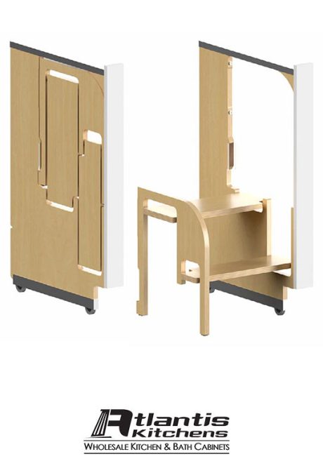 Two-tier maple step stool folded into a narrow cabinet and opened for use
