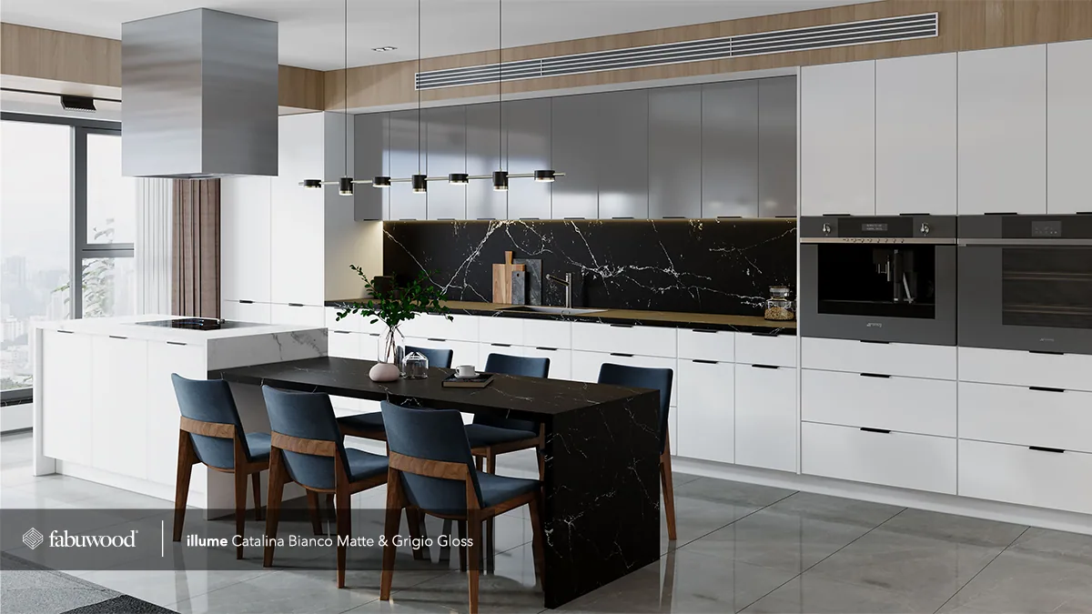 White and gloss gray frameless kitchen, first view