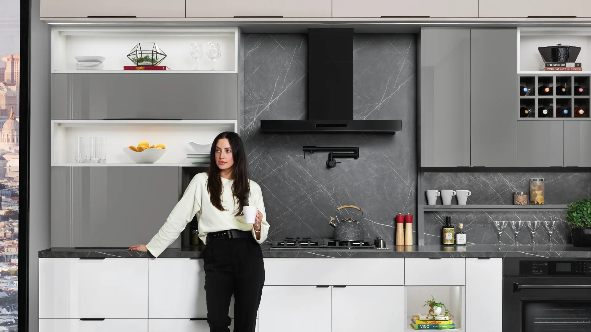 White and gloss gray frameless kitchen, second view
