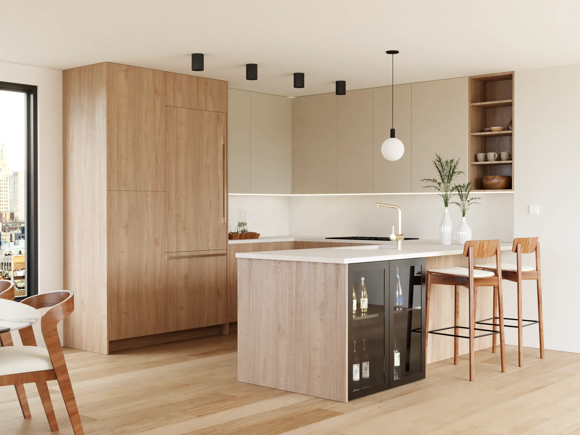Cashmere and pale ash frameless kitchen, first view
