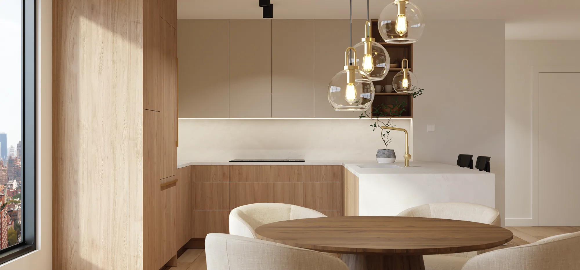 Cashmere and pale ash frameless kitchen, second view