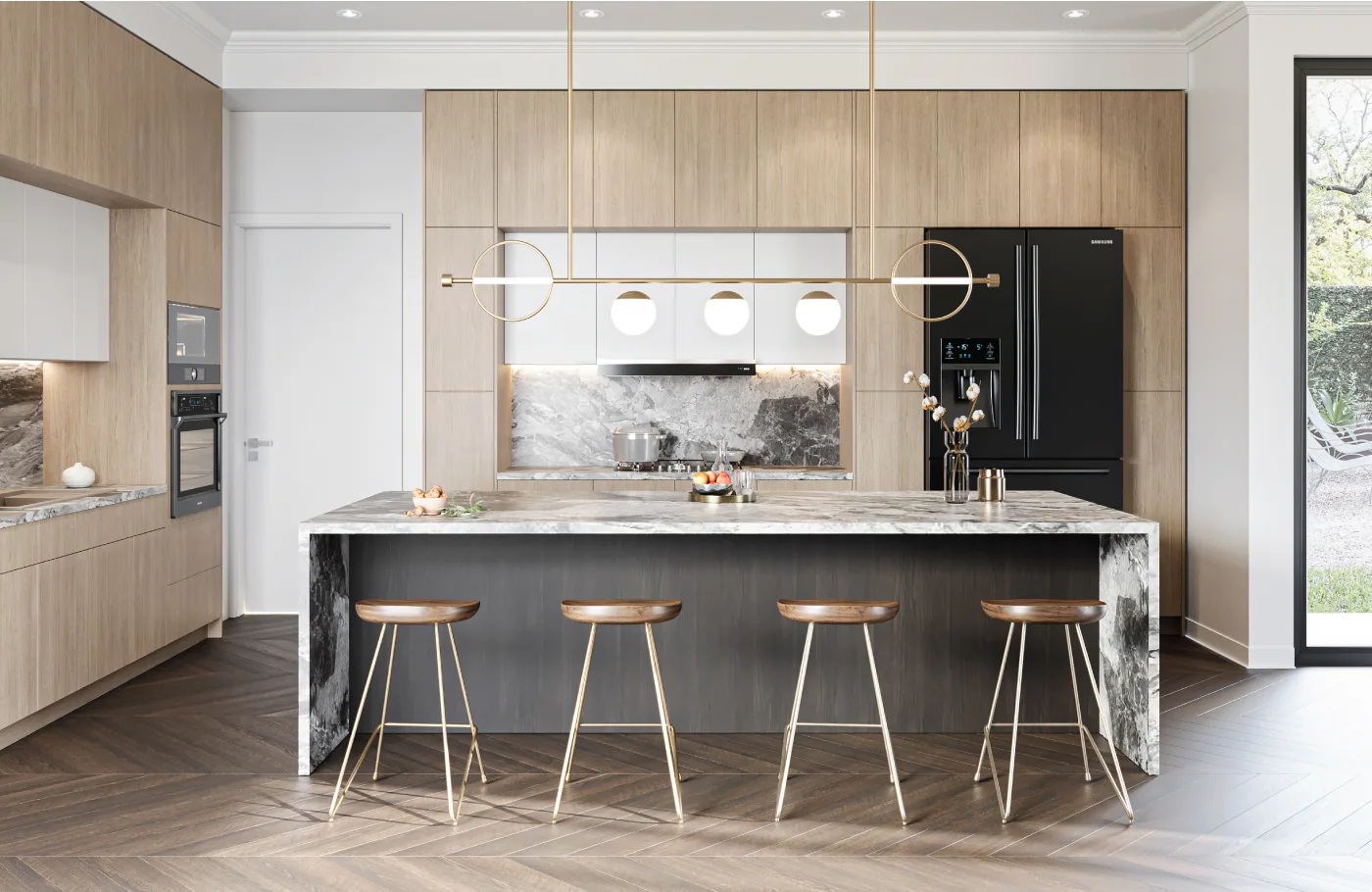Linear wood grain frameless kitchen, first view