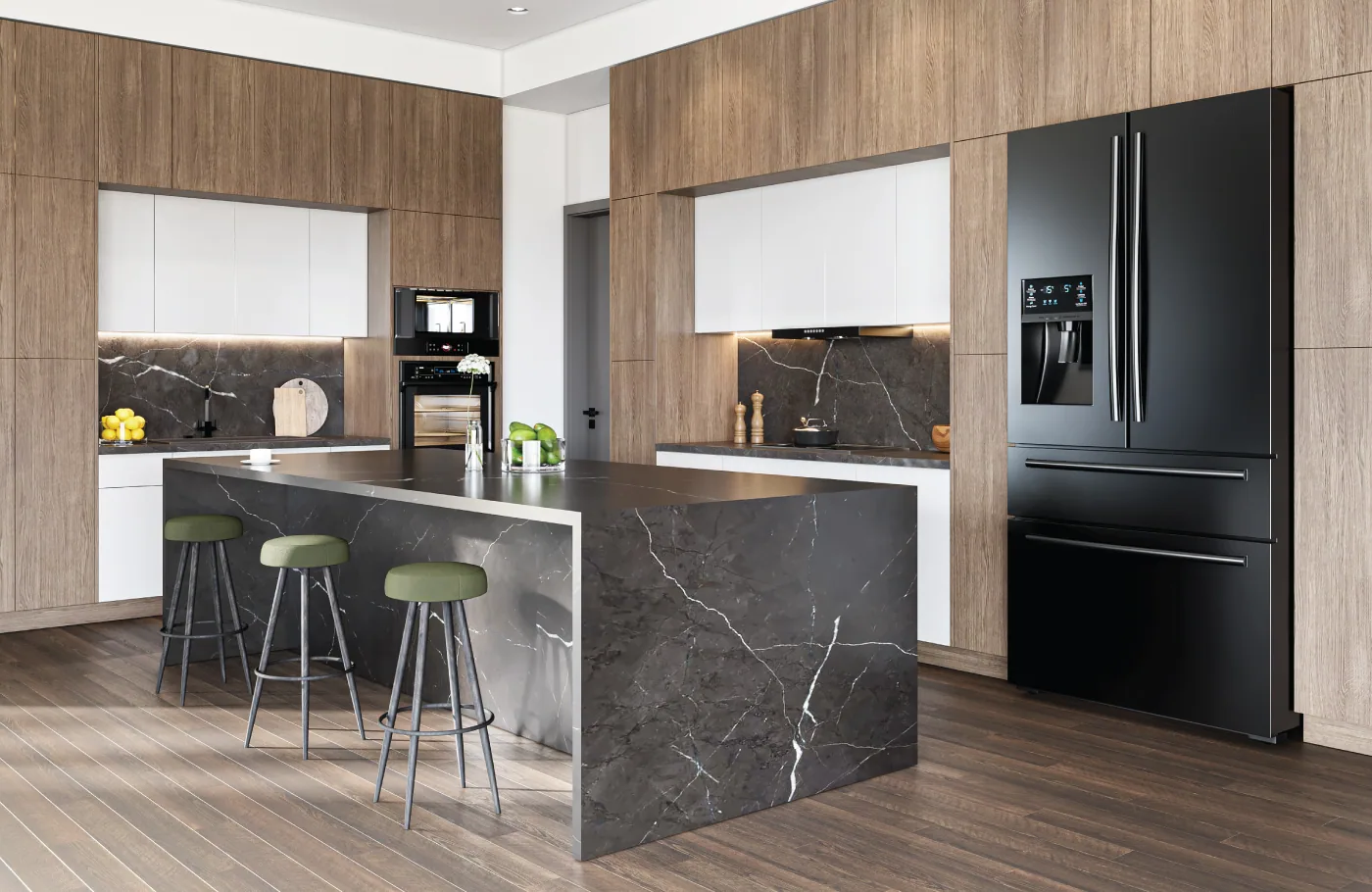 Linear wood grain frameless kitchen, second view