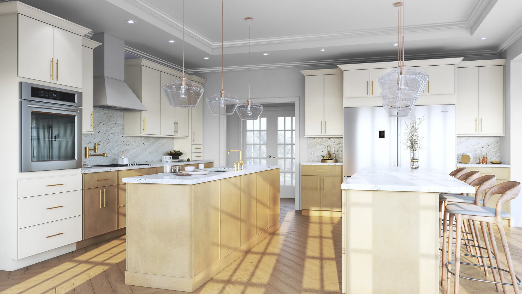 Timber and dove face-frame kitchen, first view
