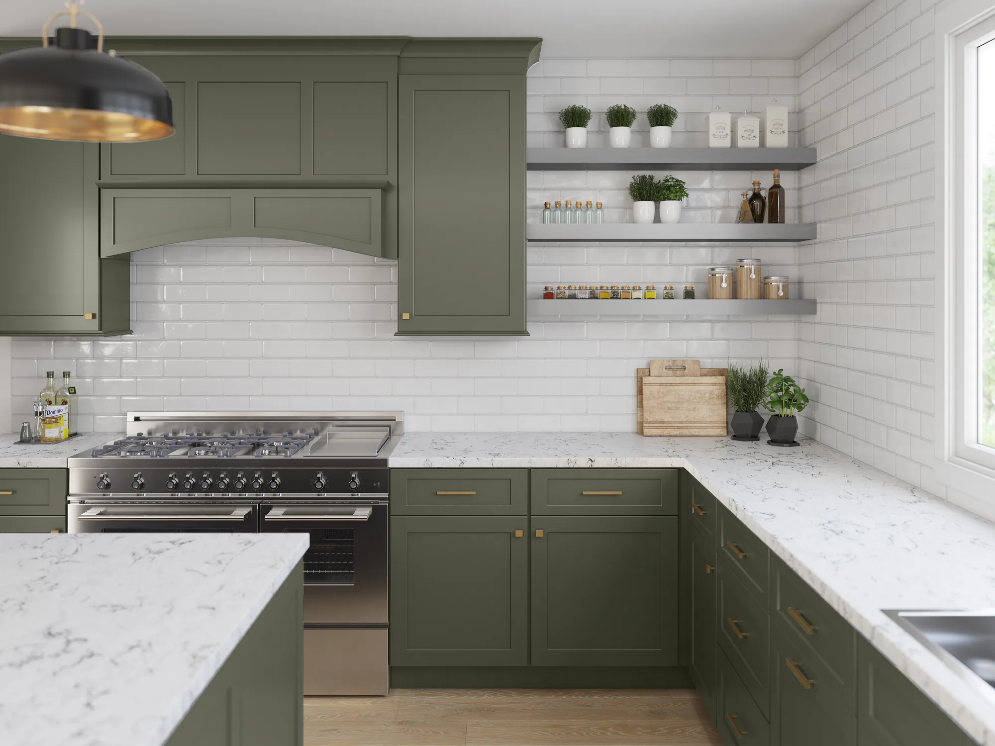 Forest green face-frame kitchen, first view