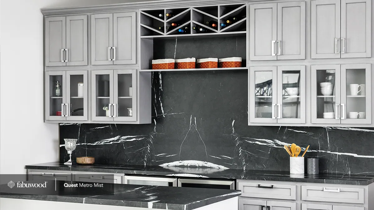 Mist gray shaker face-frame kitchen, first view