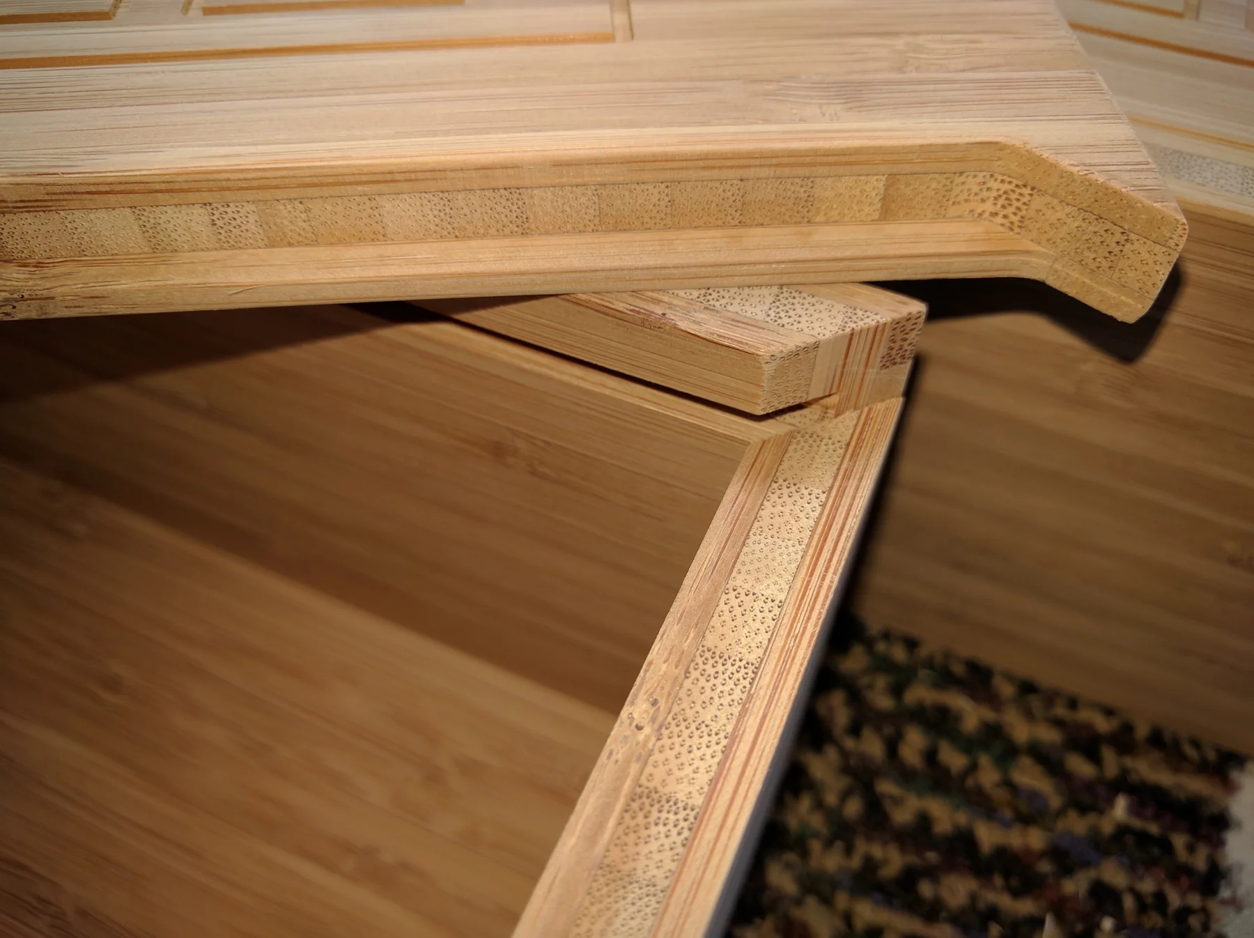 Close view of a bamboo box lid and corner joinery